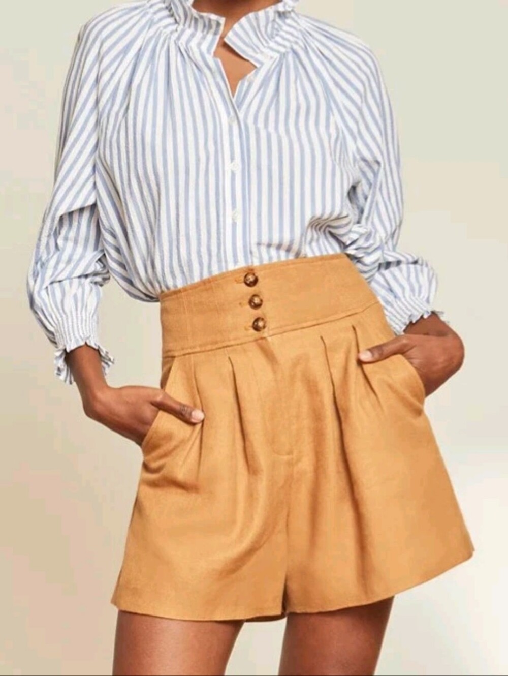 Veronica Beard Alicia Pleated Linen-canvas High-rise Shorts 2 Camel Color - Picture 2 of 8